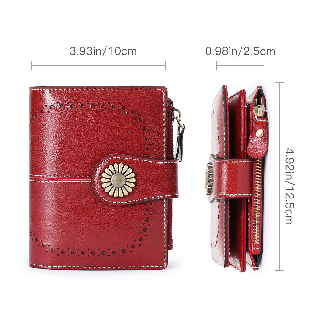 Purple (Wrestling) Women's Short Leather Wallet European Style Waxed Coin Purse With Zipper Card Holder In Red