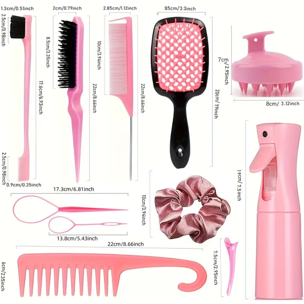 Complete Hair Styling Kit With Detangling Brushes Combs Spray Bottle And Accessories(Pink)