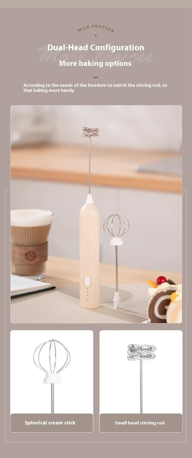 Apricot Mini Hand Mixer With Frother And Balloon Whisk Heads Rechargeable Kitchen Tool