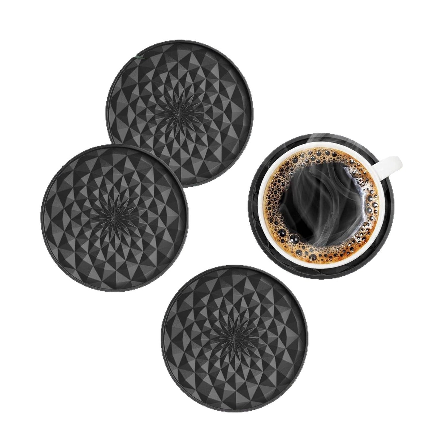 Red And Black Geometric Silicone Drink Coasters Set 6 Pack With Holder Non Slip Table Protectors
