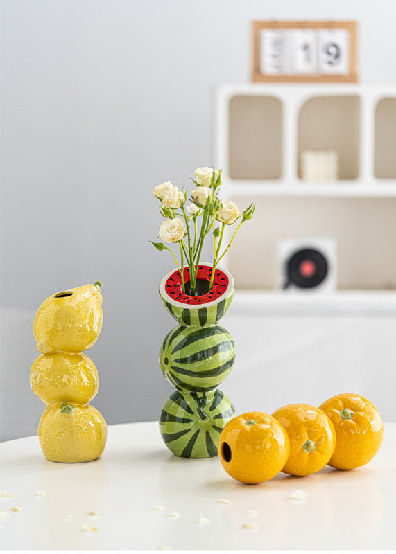 Yellow Zesty Stacked Lemon Ceramic Vase Cheerful Nordic Tabletop Decor