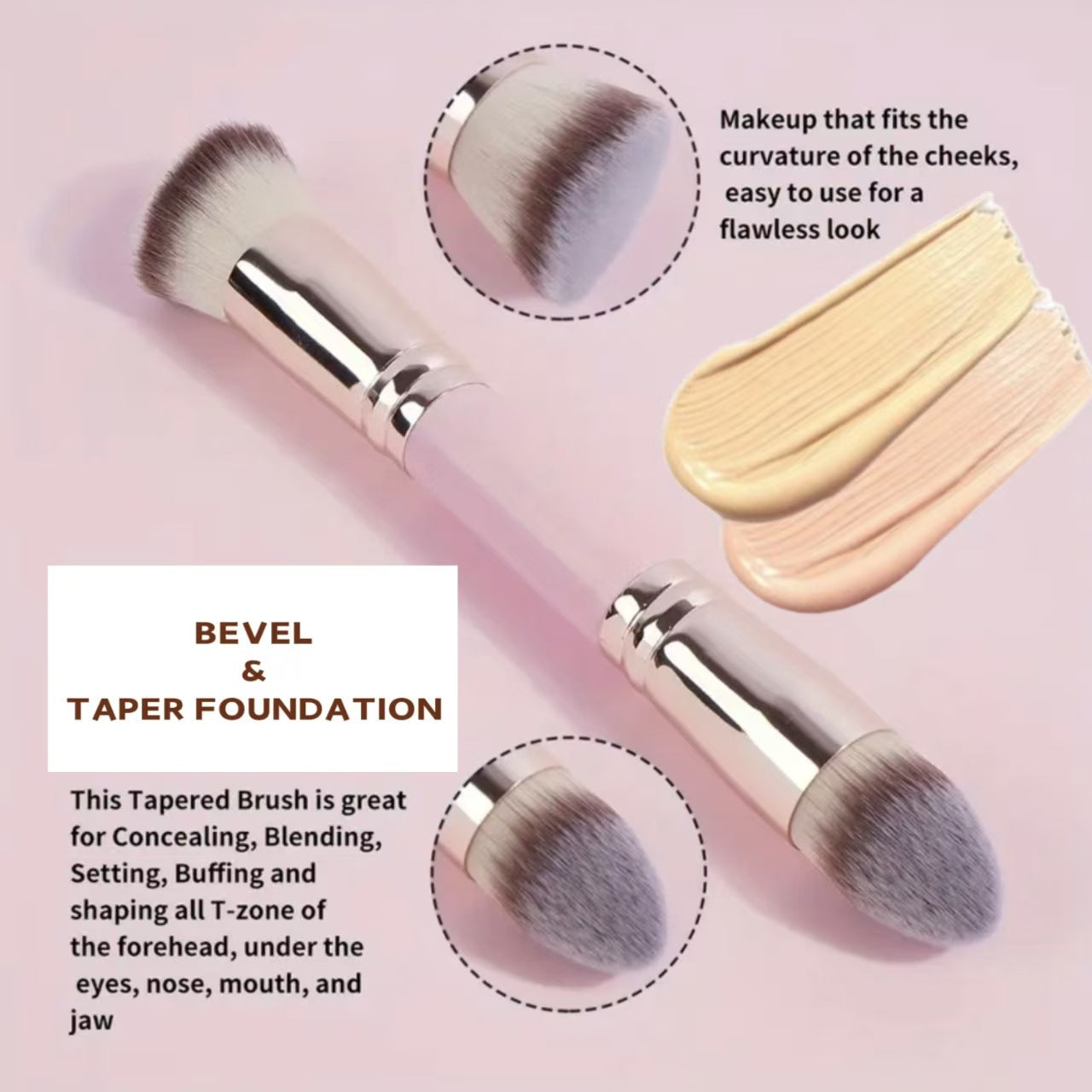 Pink And Glod Versatile 4Pc Dual-Ended Makeup Brush Set Soft Synthetic Bristles For Foundation Blush Contour Concealer