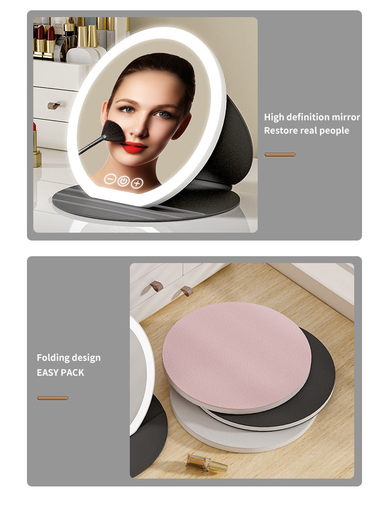 Black Small Round Foldable Led Makeup Mirror 18.5Cm Desktop Vanity With 3 Color Lights & Stepless Dimming