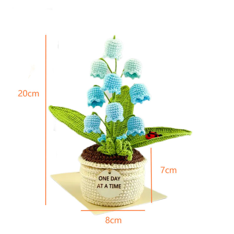 Pink Handmade Crochet Lily Of The Valley Potted Plant - Gradient Blue Flower Decor Gift