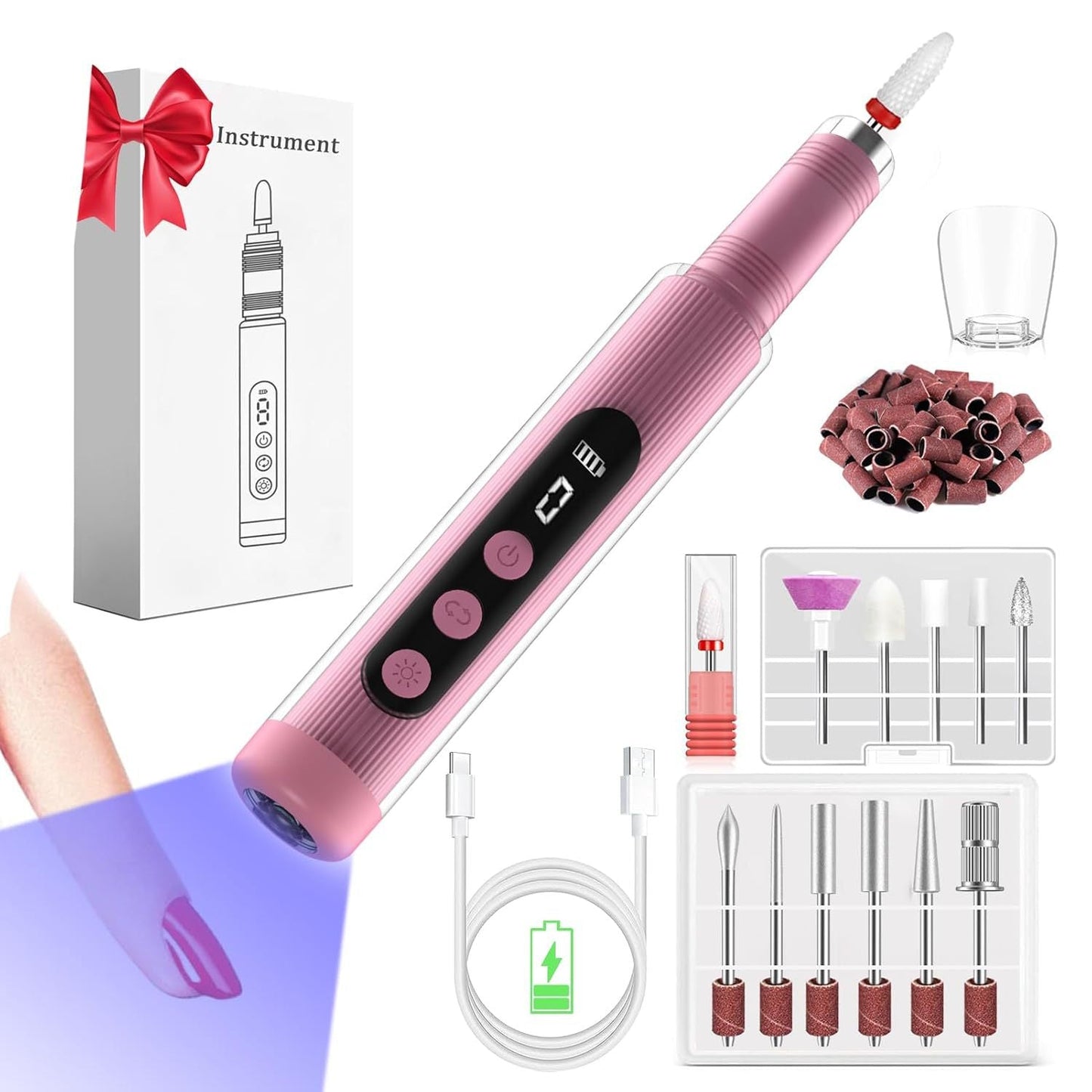 Cordless Electric Nail Drill Kit With Uv Lamp 0 20000Rpm Led Display 12 Bits(White)