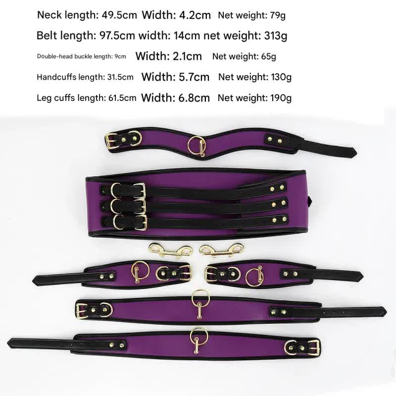 Pu Leather Bondage Restraint Set Collar Waist Belt Hand & Leg Cuffs With Connectors(Purple)