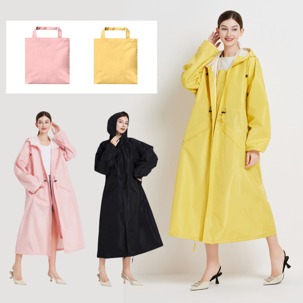 Size M Yellow Womens Chic Lightweight Waterproof Raincoat Long Hooded Packable Jacket With Pouch