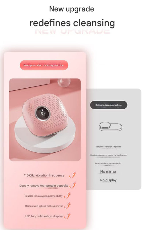 Purple Ultrasonic Contact Lens Cleaner Automatic Electric Cleaning Case With Led Makeup Mirror Usb Rechargeable For Trav