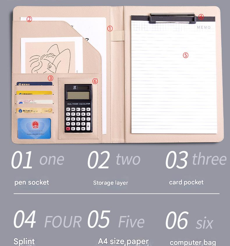 A4 Pu Leather Business Portfolio With Ring Binder Calculator & 40 Sleeves(Grey And Black)