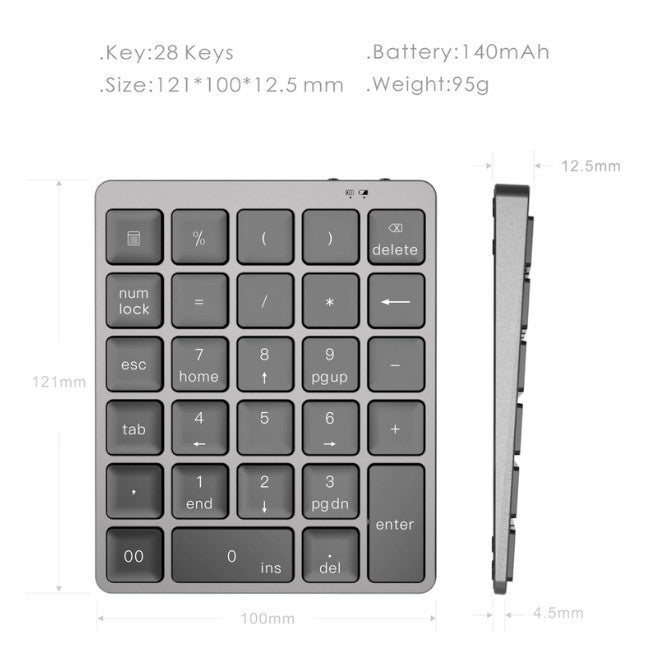 Aluminum Alloy 28 Keys Bluetooth Wireless Numeric Keypad 140Mah Mini Numpad Accounting