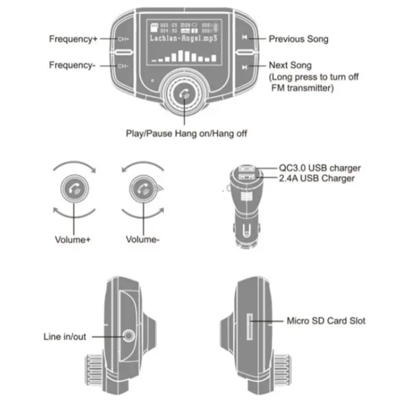 Bt70 Smart Bluetooth 4.2 Fm Transmitter Qc3.0 Quick Charge Mp3 Music Player Car Kit With 1.7 Inch Screen Support Hands F