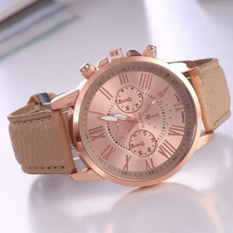 Casual Fashion Three Eye Double Faced Belt Unisex Watch Beige