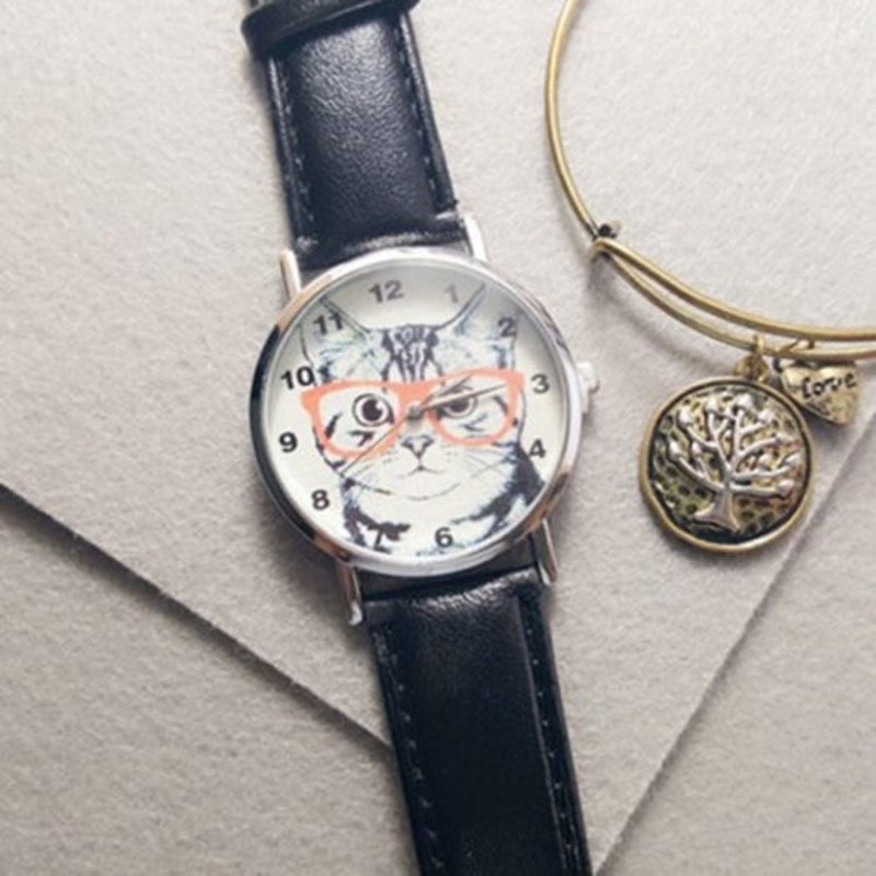 Veile Studios Cat In Glasses Number Analog Watch Black