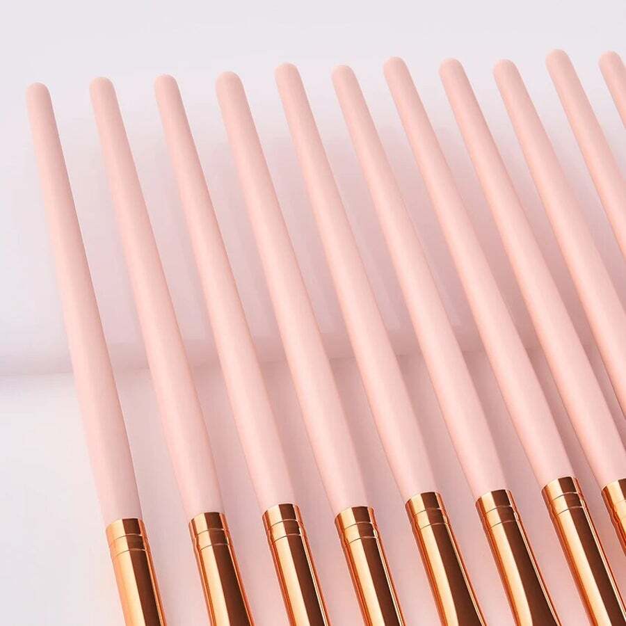 11 Pieces Pvc Pink Gold Wood Eyes Makeup Brushes Set Eyeshadow Eyebrow Lip Professional