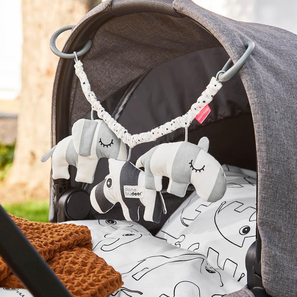 Pram Toy Grey Deer Friends With Soft Cotton And Stroller Attachment