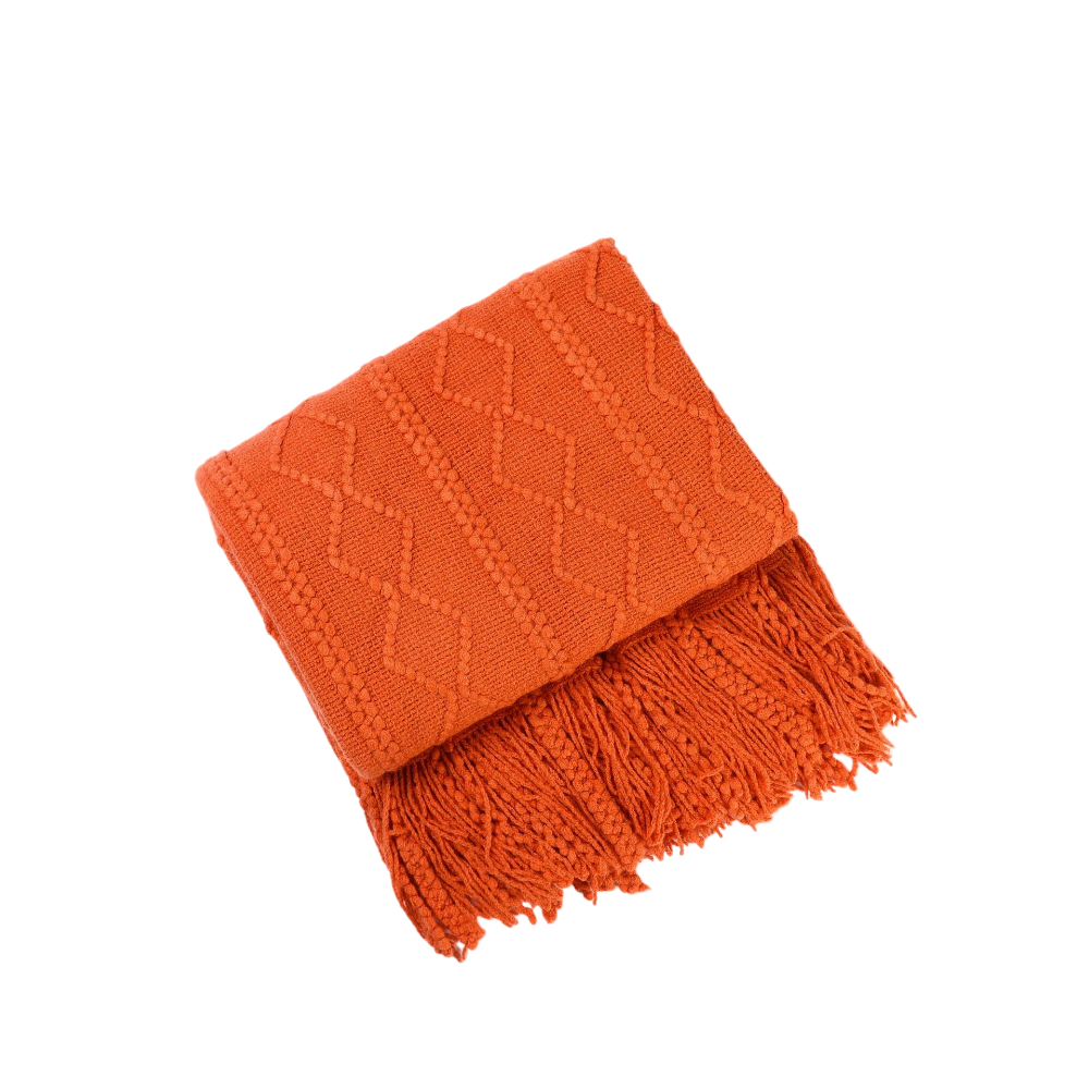 Orange Throw Blanket Faux Cashmere Sofa Cover Vertical Bar Diamond Knit Plaid Tassels