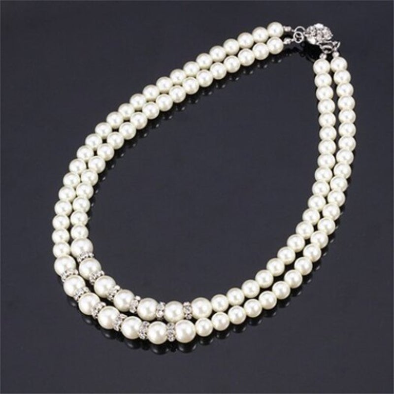 Veile Studios Elegant Rhinestone Two Layered Faux Pearl Necklace For Women White