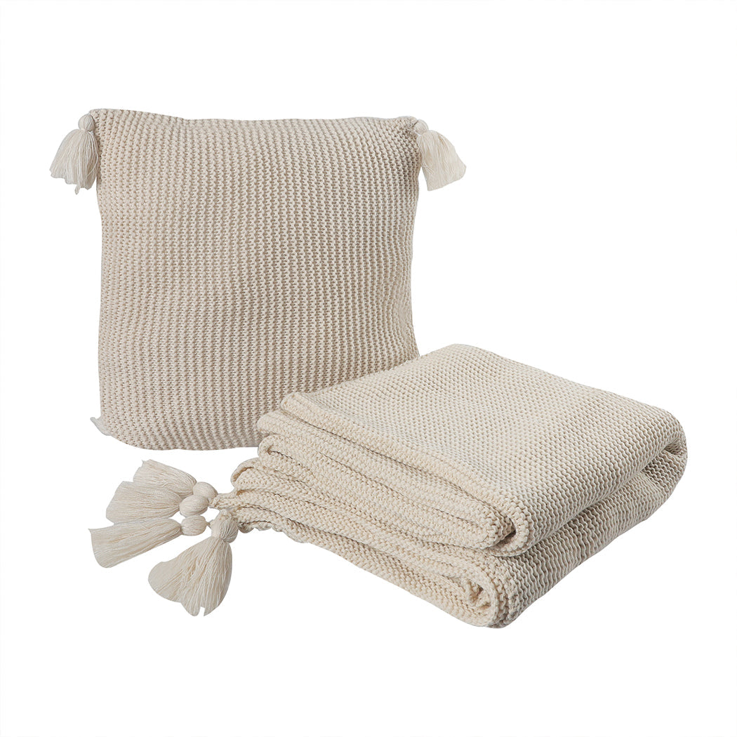 Dreamz Knitting Throw Blanket Cushion Beige