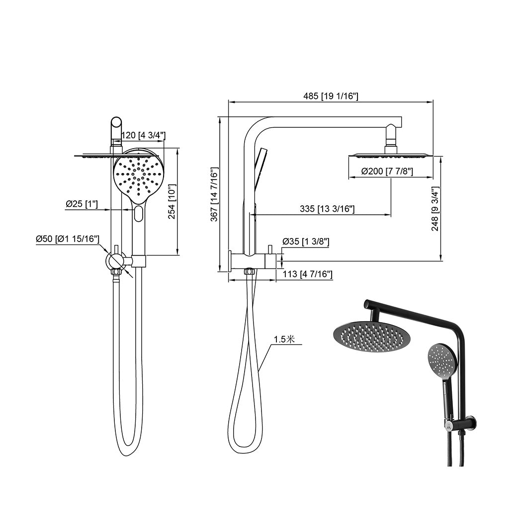 Shower Head High Pressure Set Rain Round Black