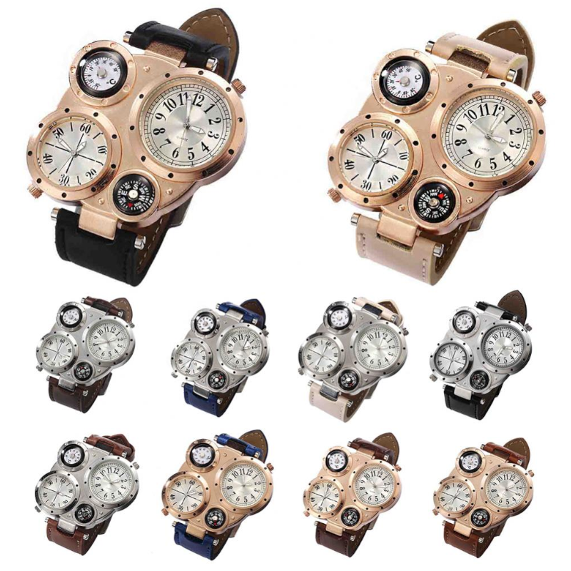 Veile Studios Men Fashion Creative Compass Chronograph Leather Quartz Sport Watch Rosy Finch