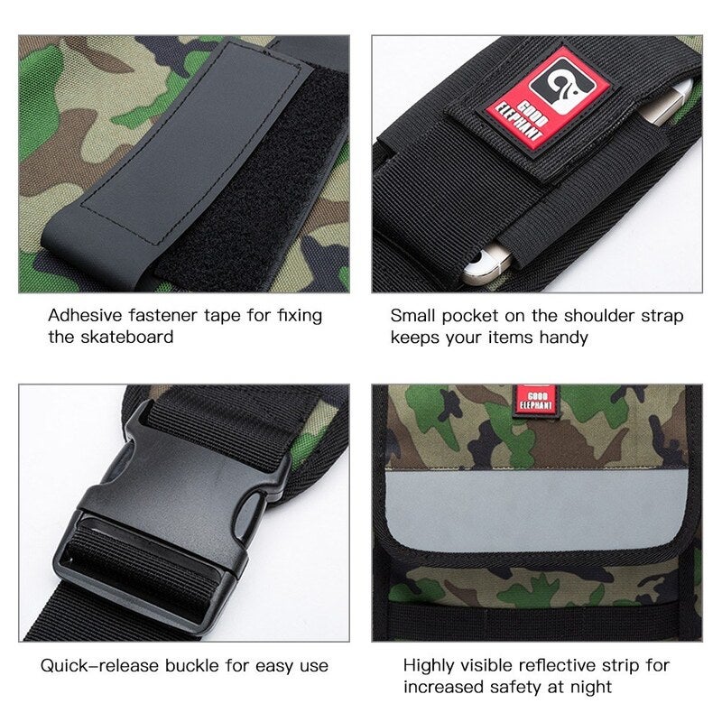 Multi Functional Skateboard Longboard Carry Bag Sling Green Camouflage