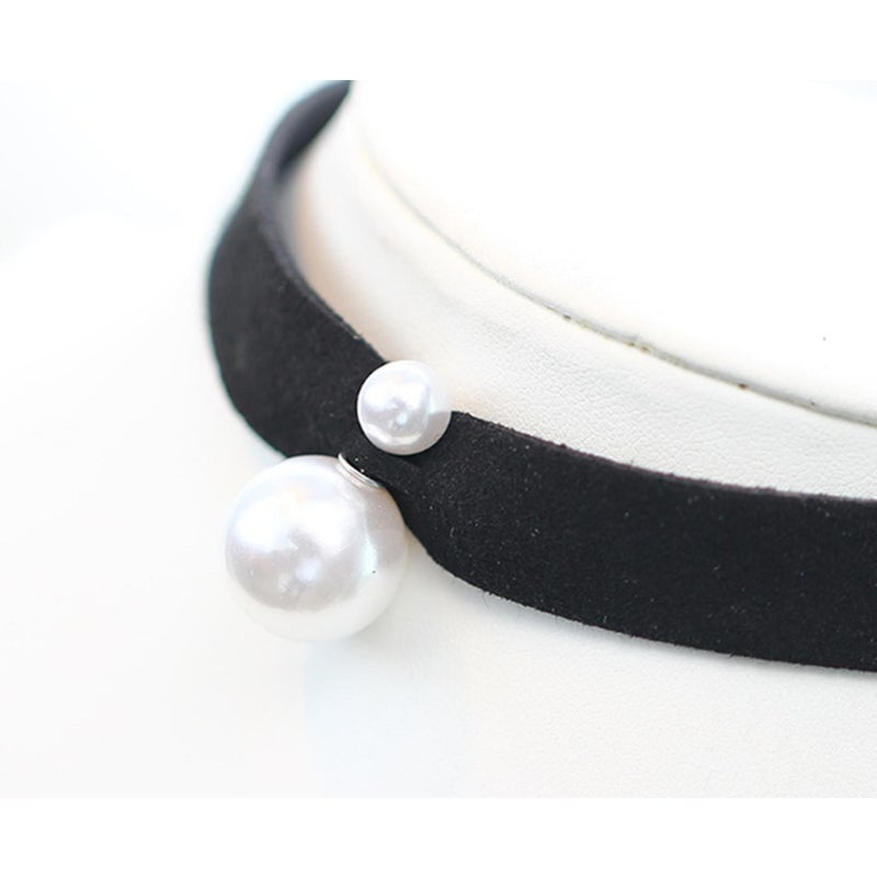 Veile Studios Fashion Faux Leather Black Ribbon Choker With Simulated Pearl Pendant