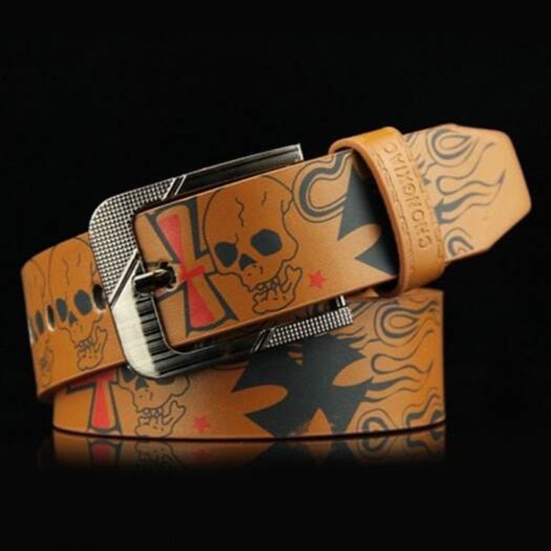 Skull Pattern Men's Belt Punk Style Pin Buckle Waistband Brown