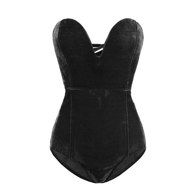 Sexy Velvet Strapless Neck Bodysuit Criss Cross Back For Women