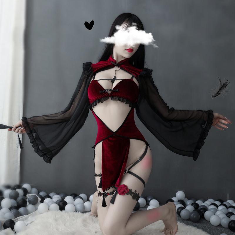 Dark Midnight Red Velvet Sexy Witch Lingerie Costume