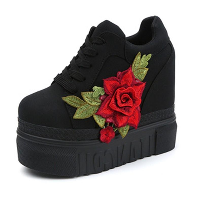 Red Rose Wedge Sneakers Embroidered Flower White Black High Heels