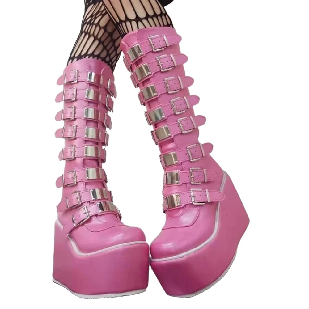 1 Sets of Punk Women Boots Cosplay High Tube Leather Platform Wedges Gothic Style Shoes