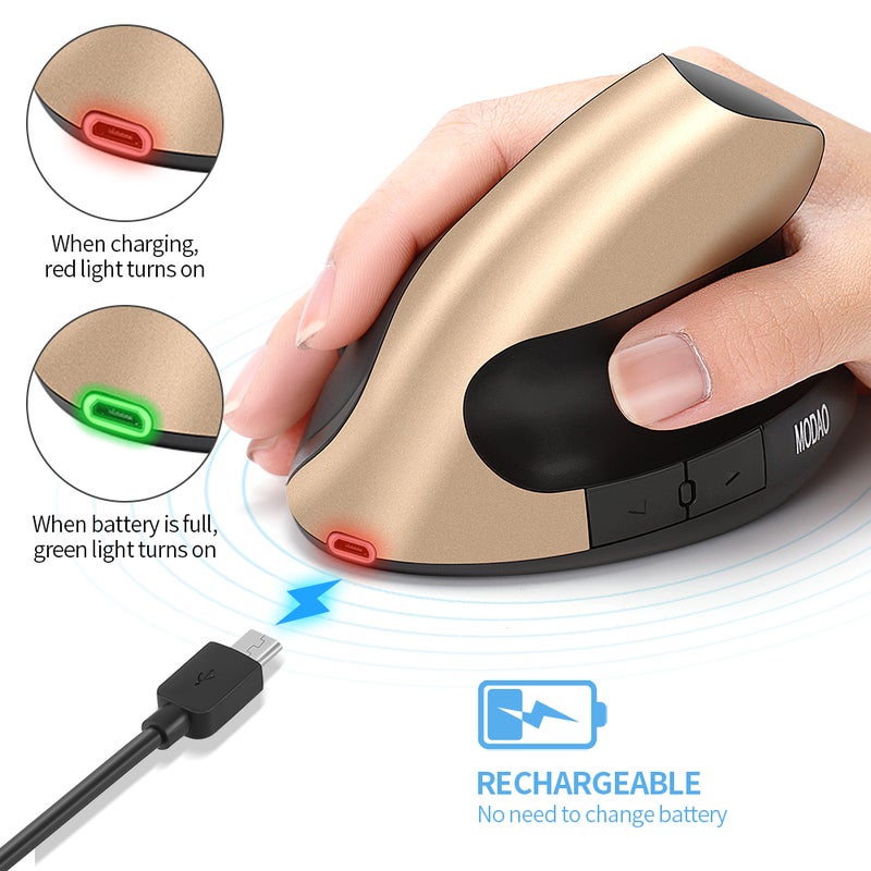 Rechargeable Ergonomics Mouse 2.4G Wireless Vertical 6 Buttons 1600Dpi Adjust Battery For Laptop Pc Gold