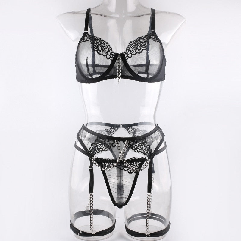 5 Piece Luxury See Through Floral Chains Thong Garter Bra Lingerie Set Colour