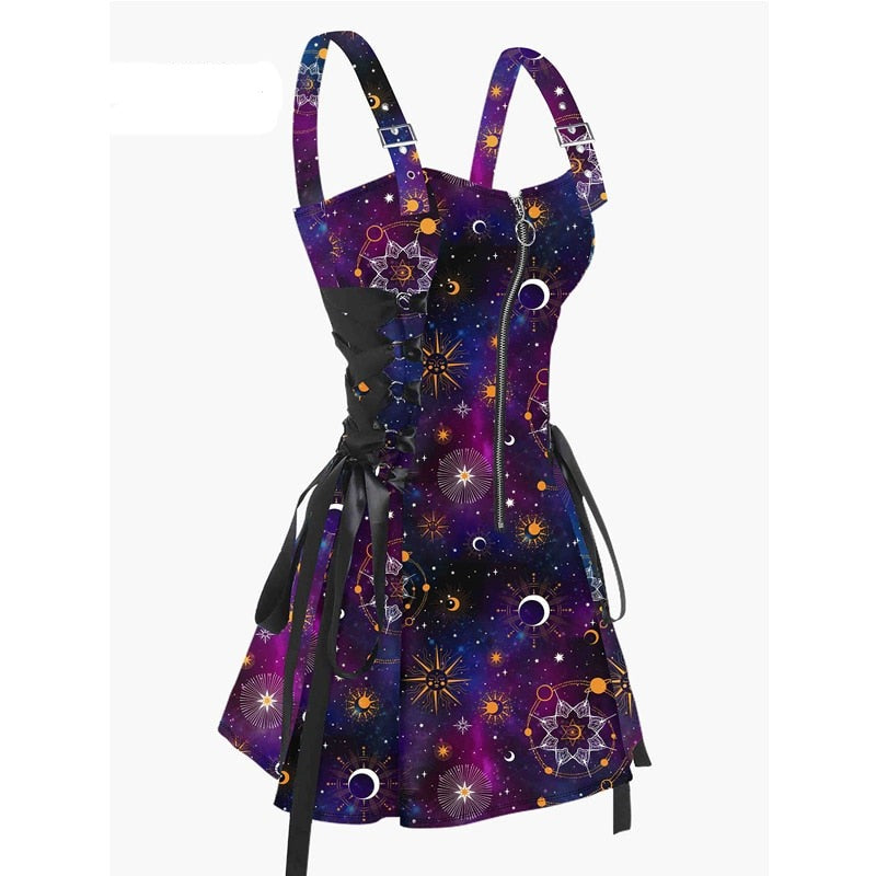 Celestial Sun Moon Print Lace Up Mini Dress Summer Gothic Women Square Neck Witchcore Vestidos