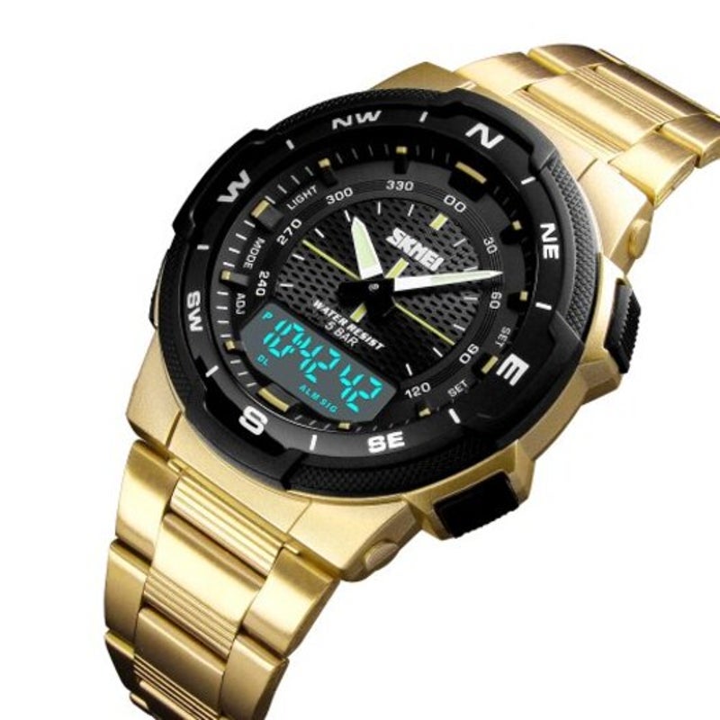 Skmei 1370 Men Digital Stainless Steel 5Atm Waterproof Wrist Sport Watches Gold