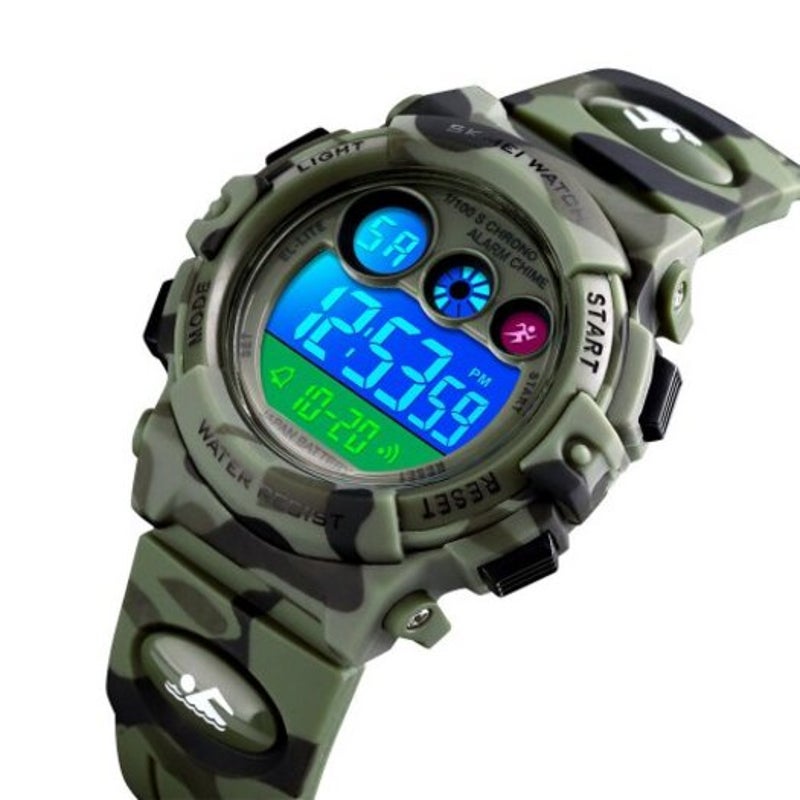 Veile Studios Skmei Kids Colorful El Light Digital Children Pu Strap Alarm Clock Watch For Boy Woodland Camouflage