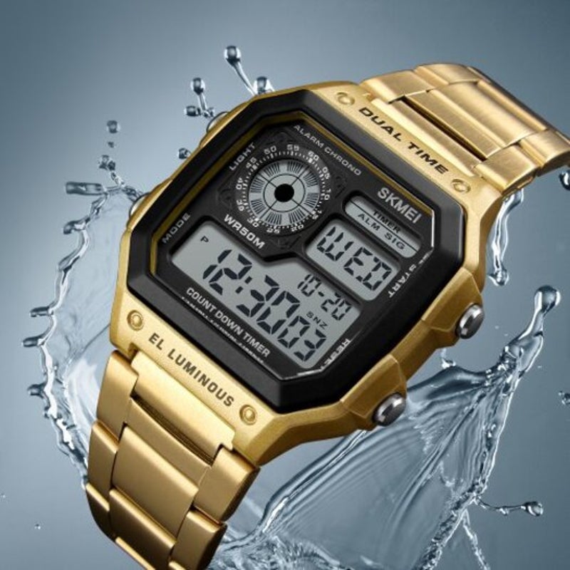 Veile Studios Skmei Men Sportswaterproof Watch Stainless Steel Fashion Digital Wristwatches Gold