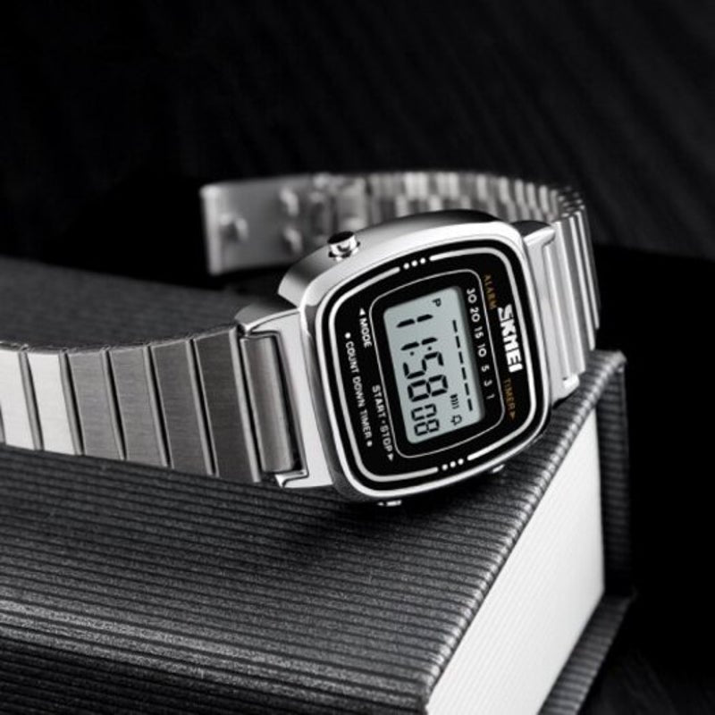 Veile Studios Skmei Women Waterproof Countdown Led Digital Lady Dress Alarm Wrist Watch Silver
