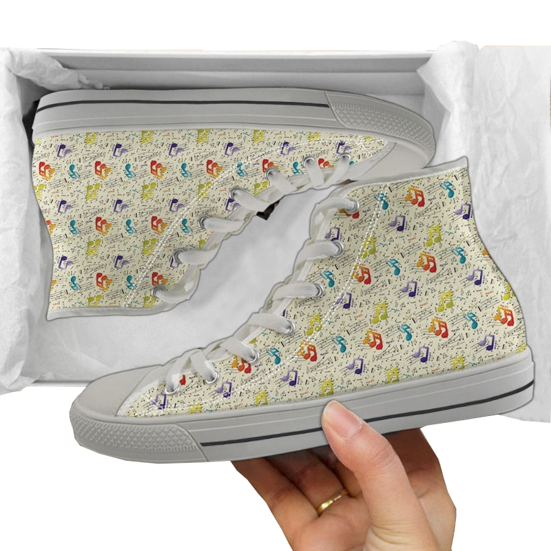 Music Theme High Top Lace Up Canvas Sneakers Shoes Women Notes Piano Guitar