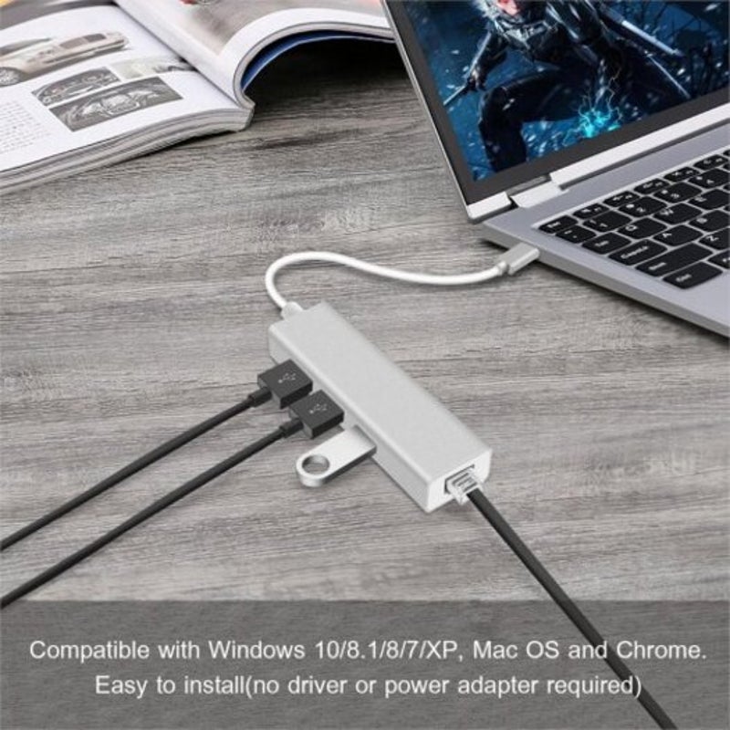 Type C 3Port Usb 3.0 Hub With Gigabit Ethernet Adapter Silver