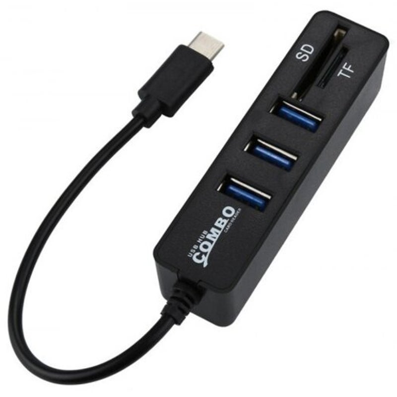 Type C To 3 Ports Usb 2.0 Hub Adapter Converter Sd Tf Card Reader Black