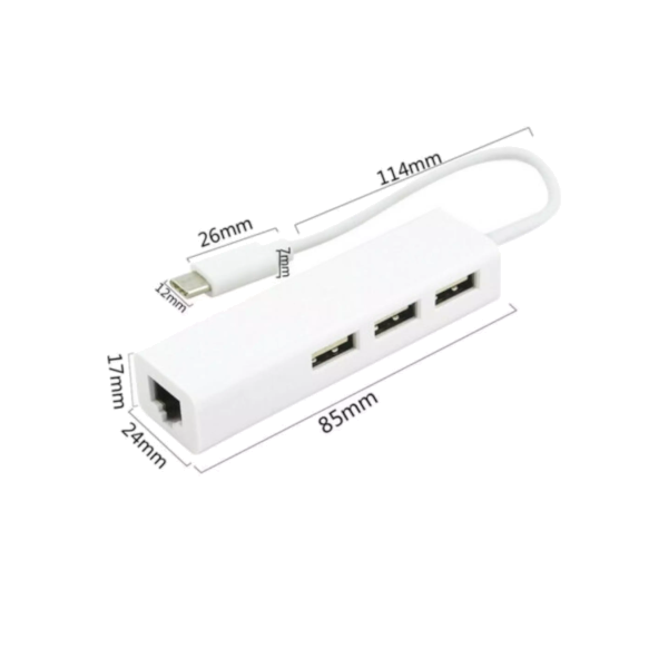 Type C 3-Port Hub Usb To Rj45 Ethernet Network Adapter Cable