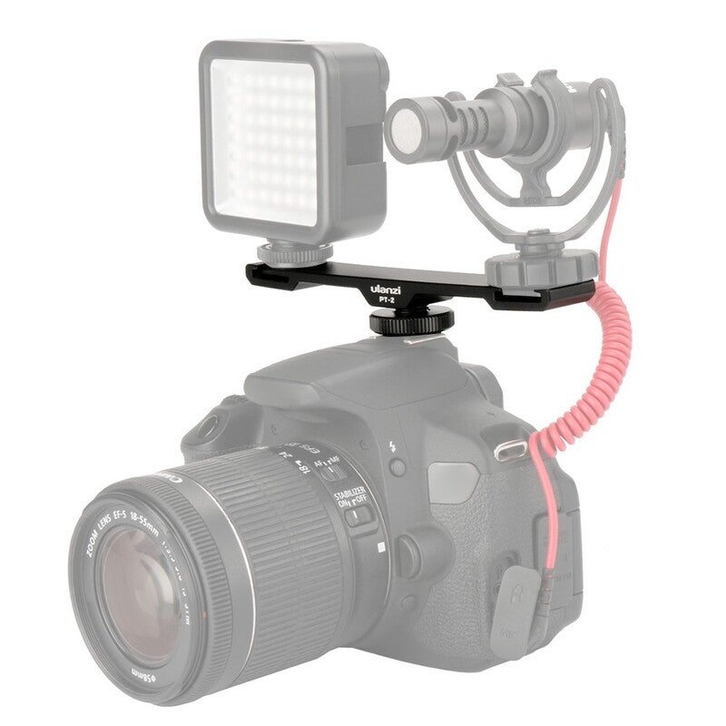 Pt2 Double Hot Shoe Mount Extension Bar Dual Bracket With 1/4" Thread For Mic/ Lights