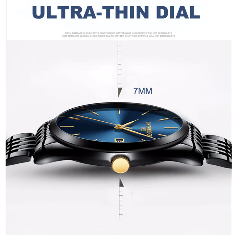 Ultra Thin Steel With Quartz Watch Calendar Waterproof Men's Black-Blue
