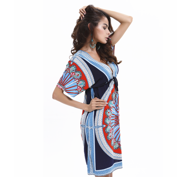 Women's Deep V Neck Bohemian Floral Print Beach Dress Black Blue