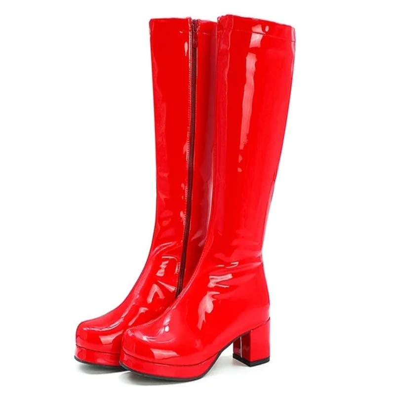 Reave Cat Autumn Candy Sweet Knee-High Boots Round Toe Square Heel Pu Zipper Big Size 33-46 Yellow Green Purple Orange S