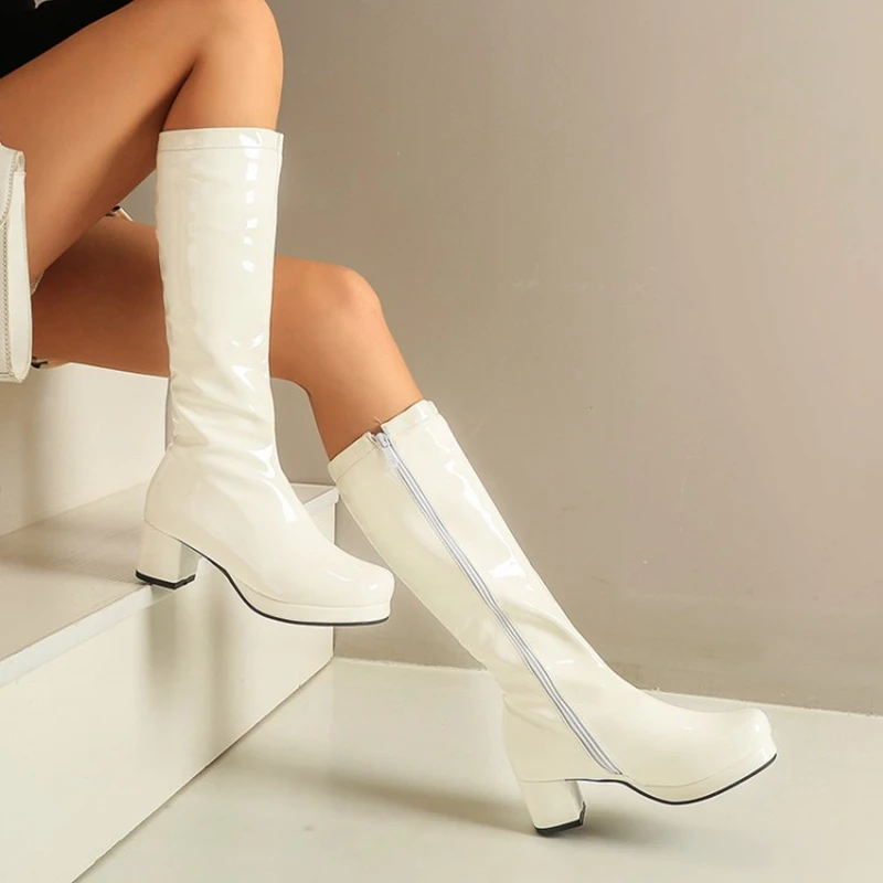 Reave Cat Autumn Candy Sweet Knee-High Boots Round Toe Square Heel Pu Zipper Big Size 33-46 Yellow Green Purple Orange S