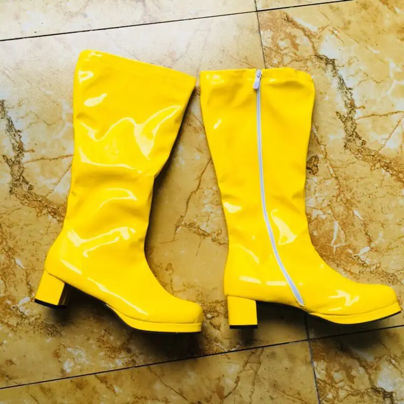 Reave Cat Autumn Candy Sweet Knee-High Boots Round Toe Square Heel Pu Zipper Big Size 33-46 Yellow Green Purple Orange S