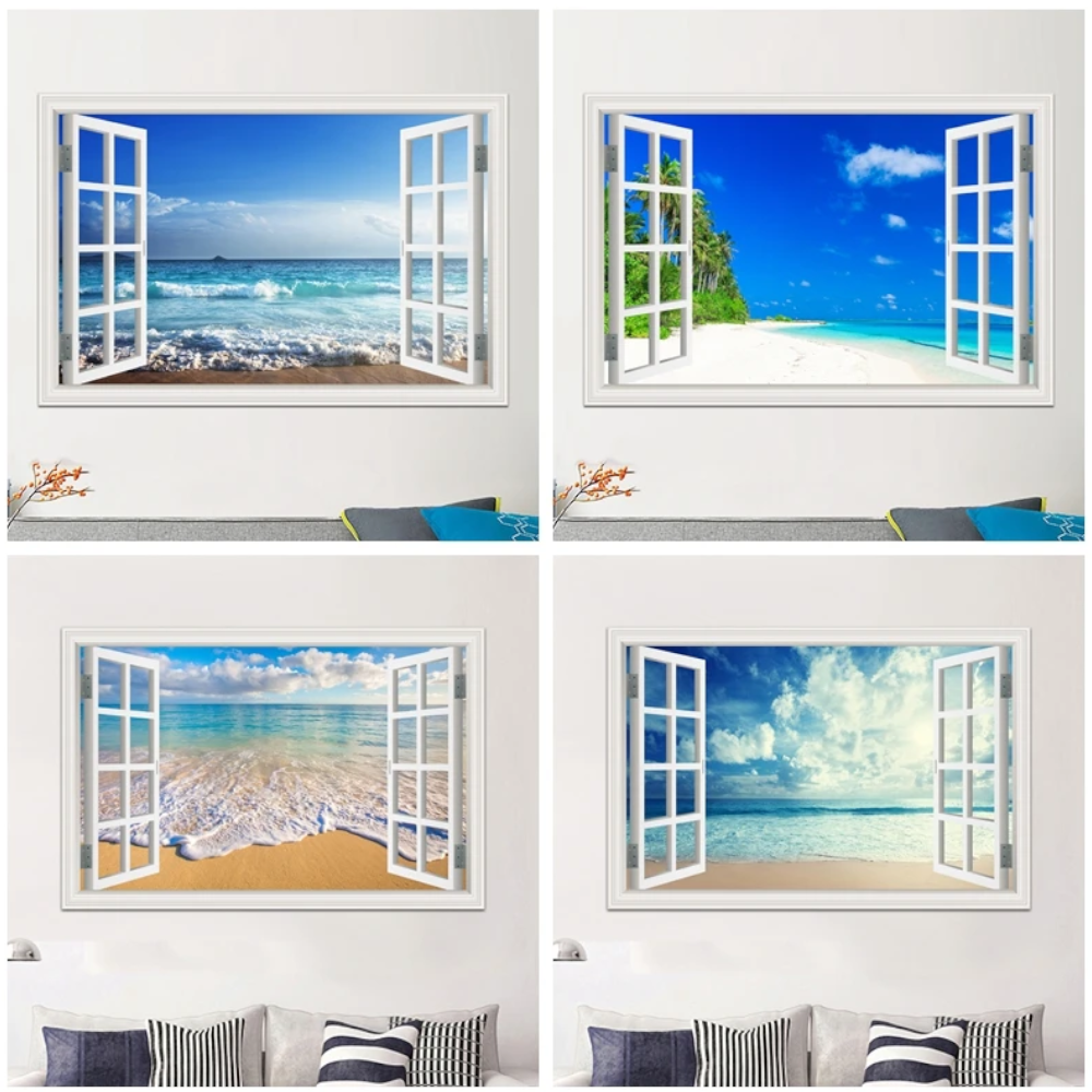 Blue Beach Nature Sky 3D Window View Wall Sticker Pvc Sea Landscape Vinyl Decal Room Decor Self-Adhesive Wallpaper Pictu