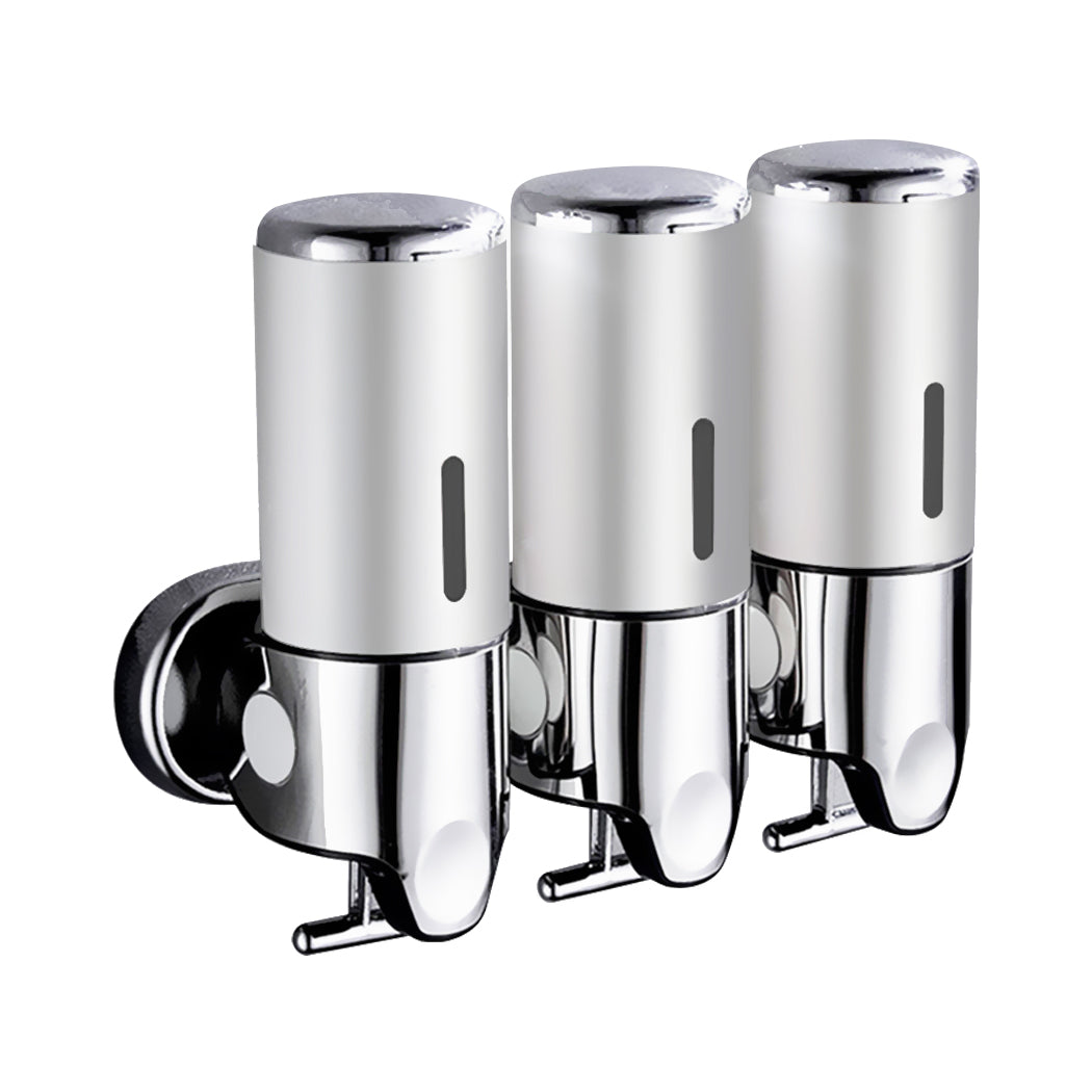 3 Bottles Bathroom Shower Soap Dispenser Silver Wall Mounted Liquid Holder